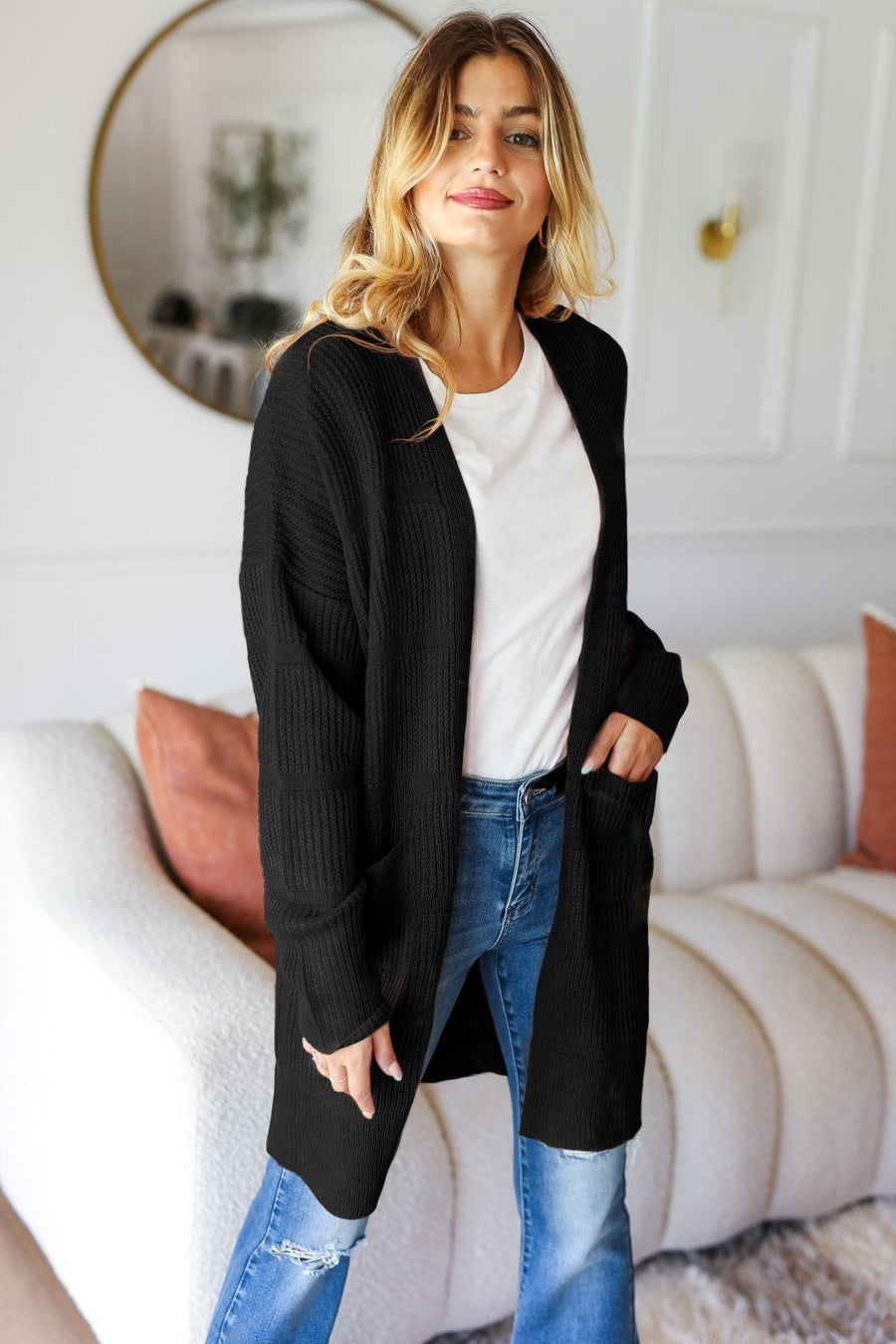 TEXTURED OPEN CARDIGAN WITH POCKETS Black