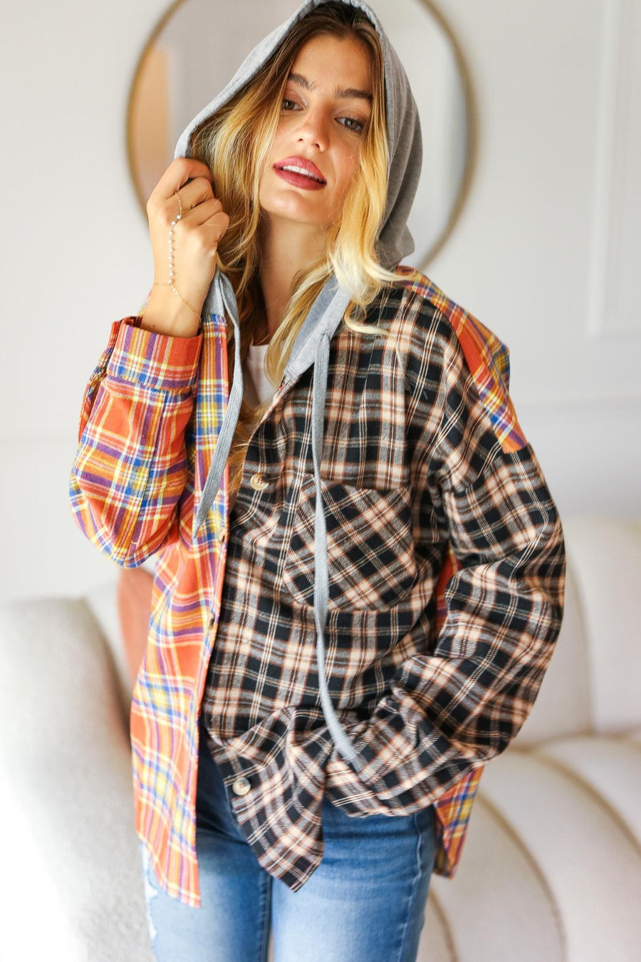 PLAID CHECK OVERSIZED JACKET WITH HOODIE RUST/BLACK
