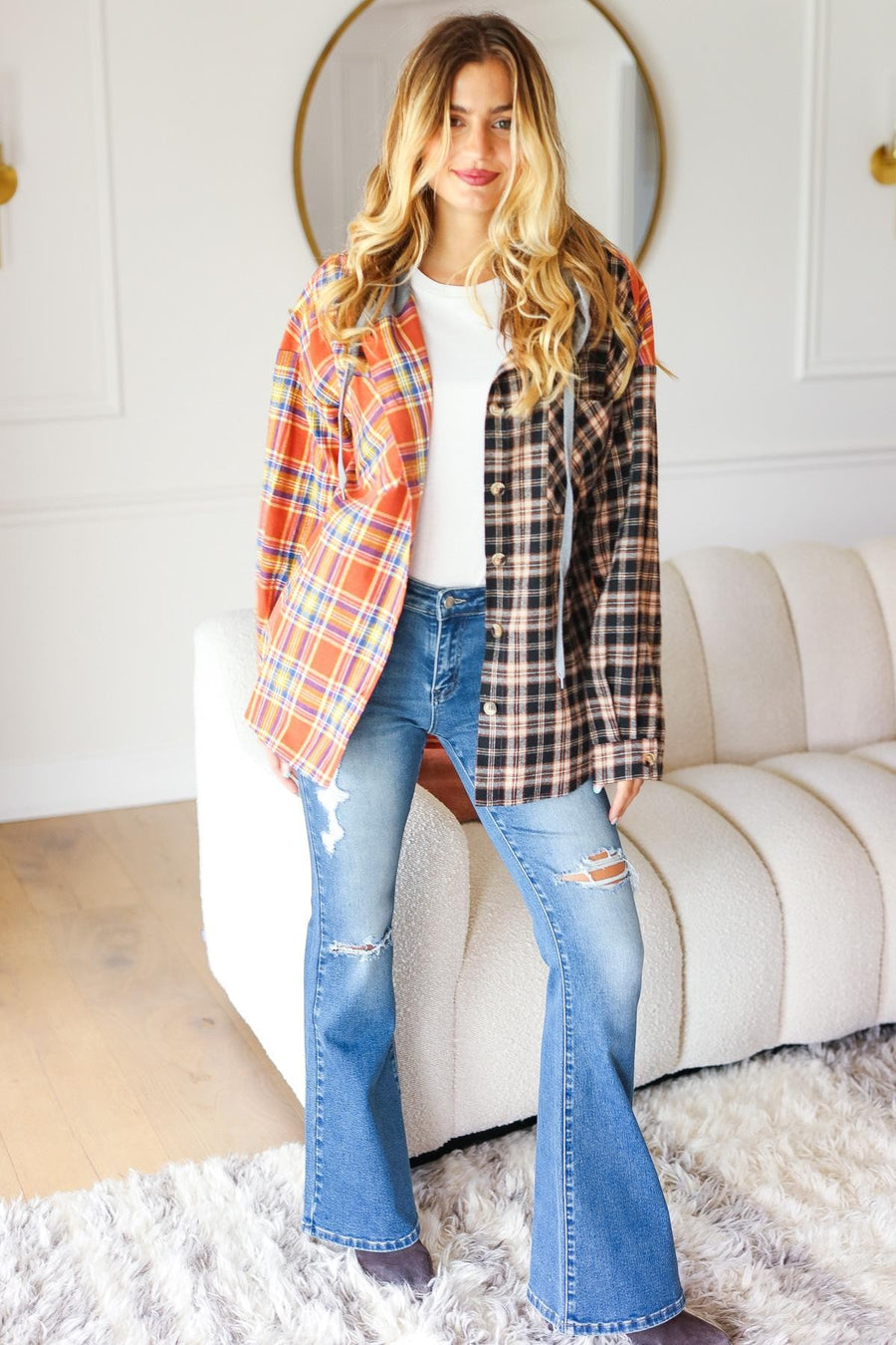 PLAID CHECK OVERSIZED JACKET WITH HOODIE RUST/BLACK