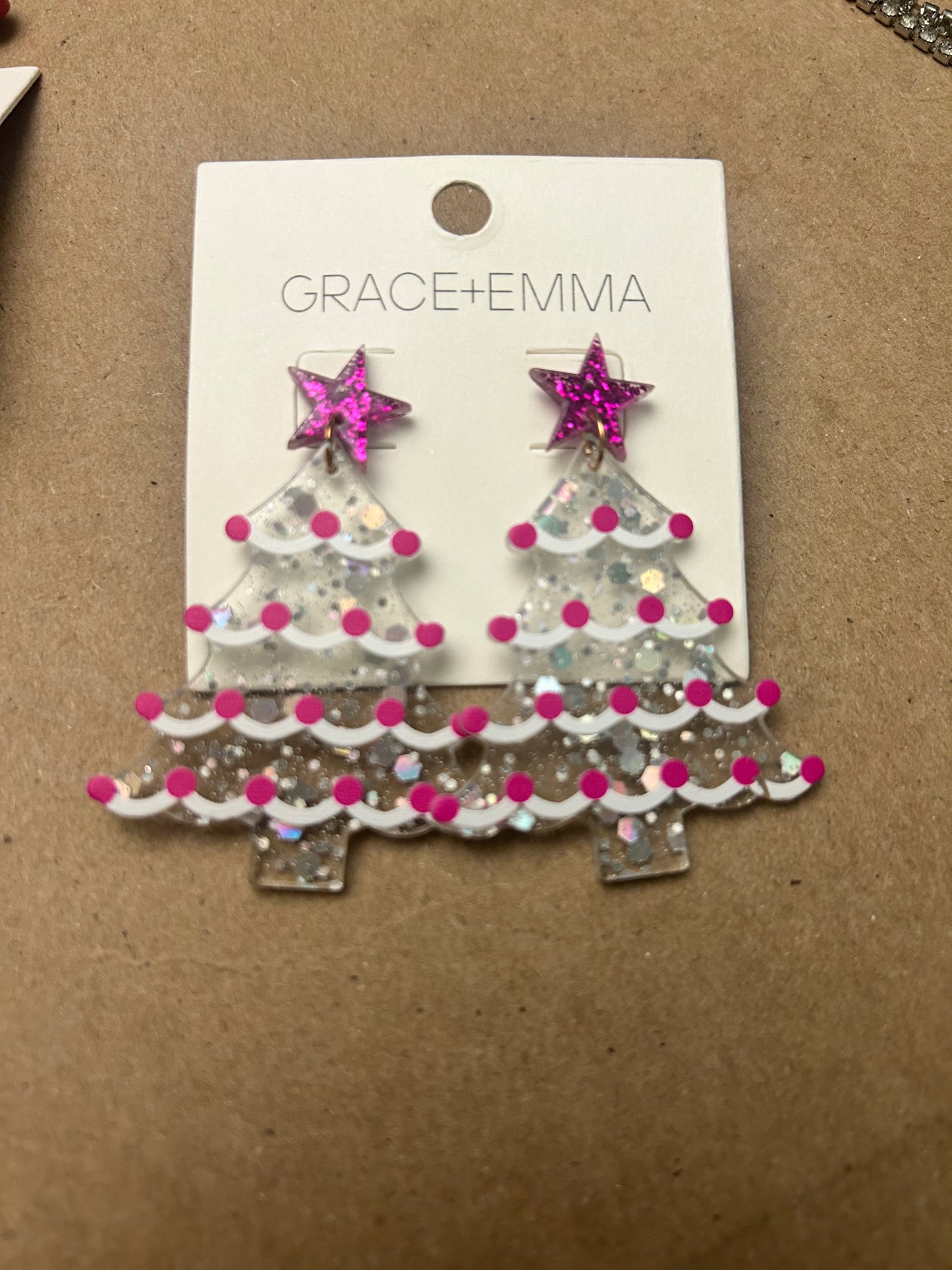 Silver and Pink Christmas Tree Earrings