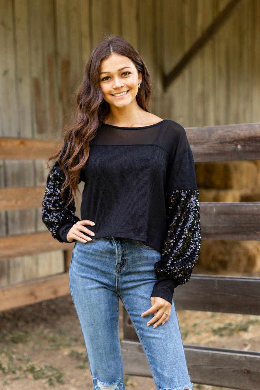 BLACK WAFFLE KNIT TOP WITH MESH AND SEQUIN DETAILS