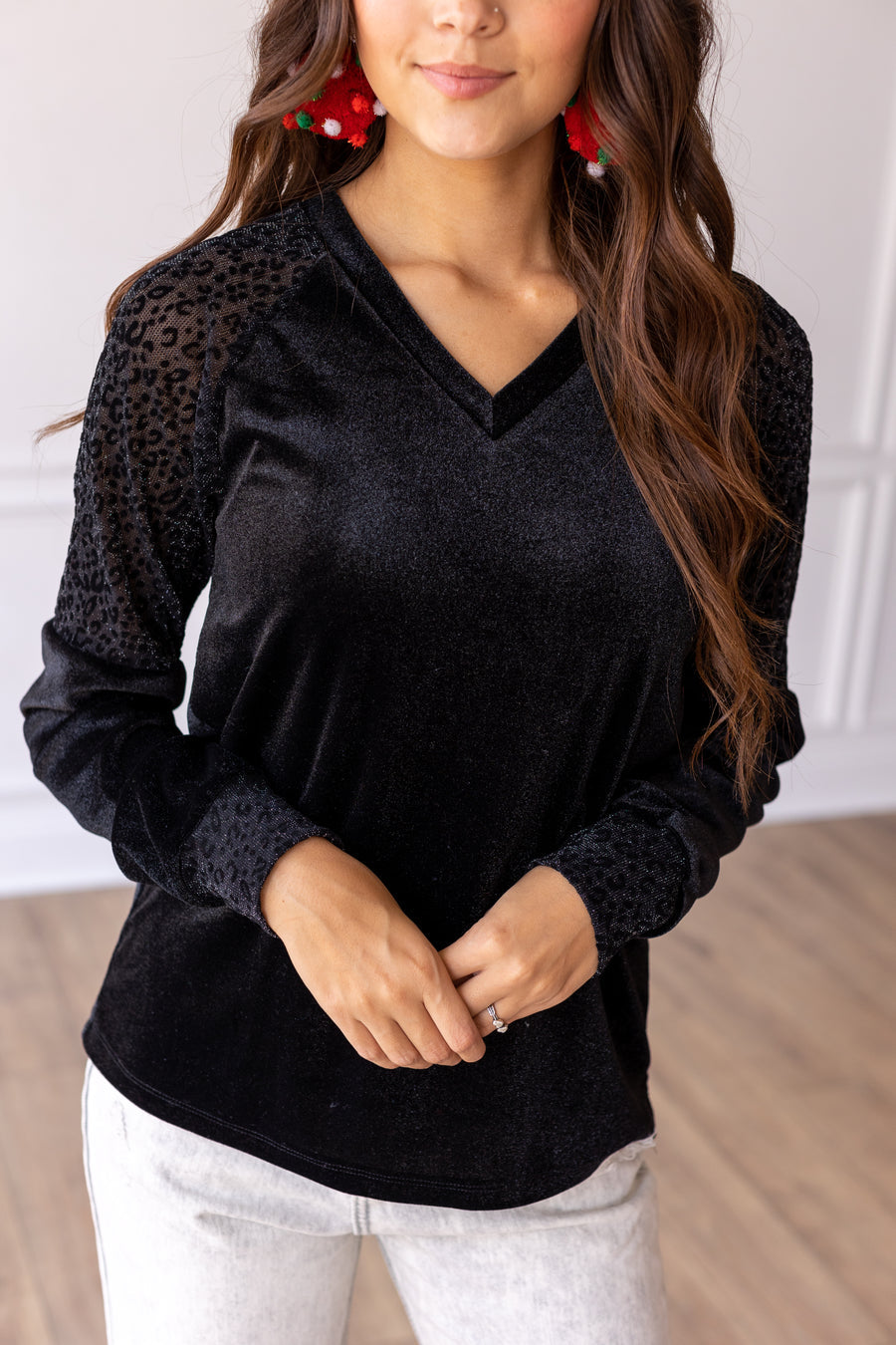 BLACK VELVET TOP WITH BURNOUT LEOPARD DETAILS