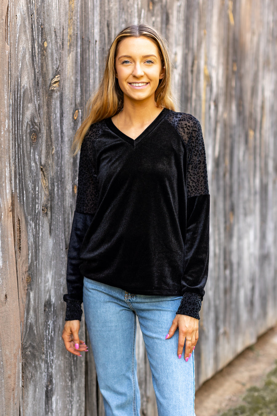 BLACK VELVET TOP WITH BURNOUT LEOPARD DETAILS