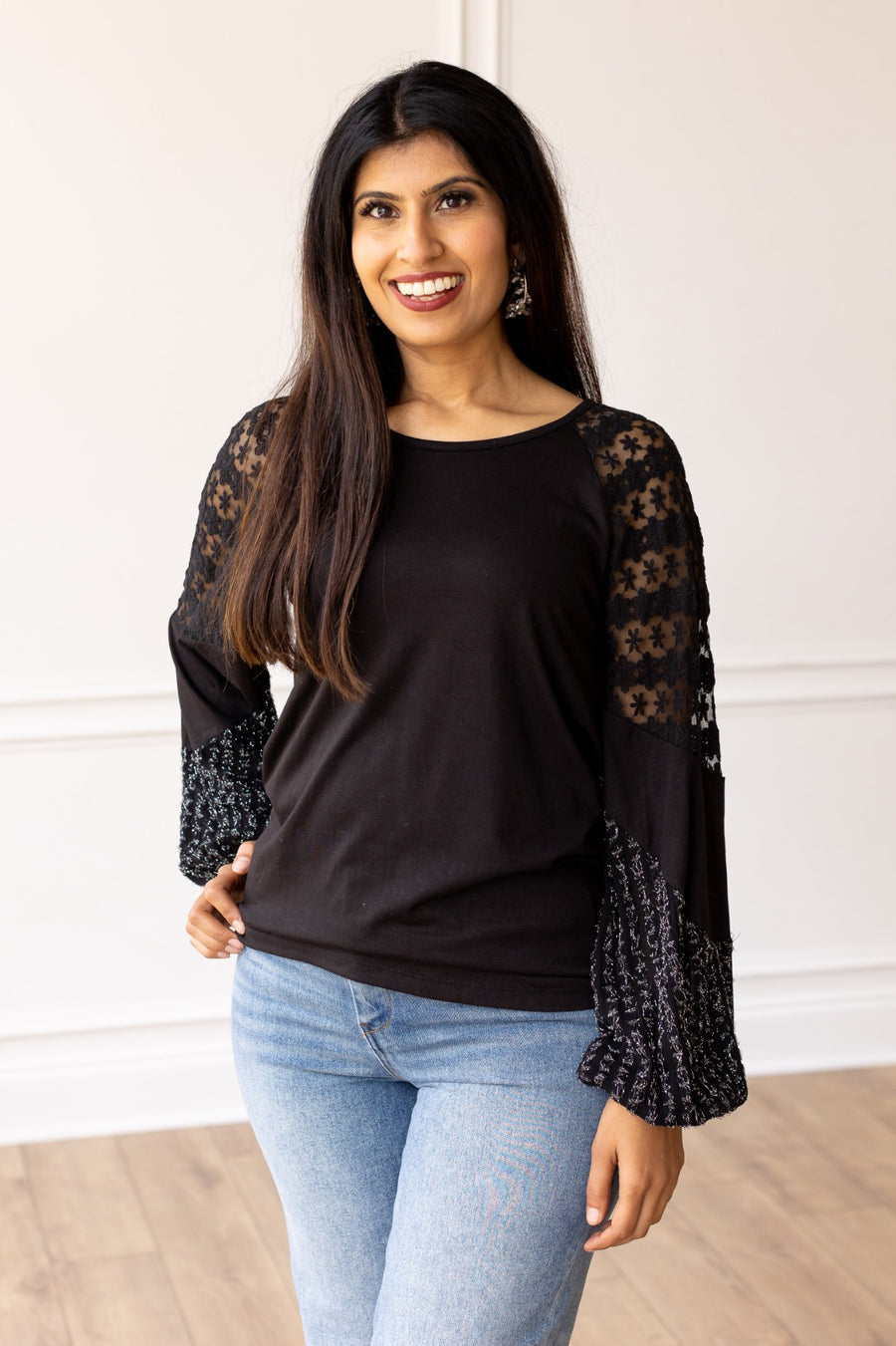 ENCHANTED EVENING BLACK AND SILVER LACE PATCH SLEEVE TOP
