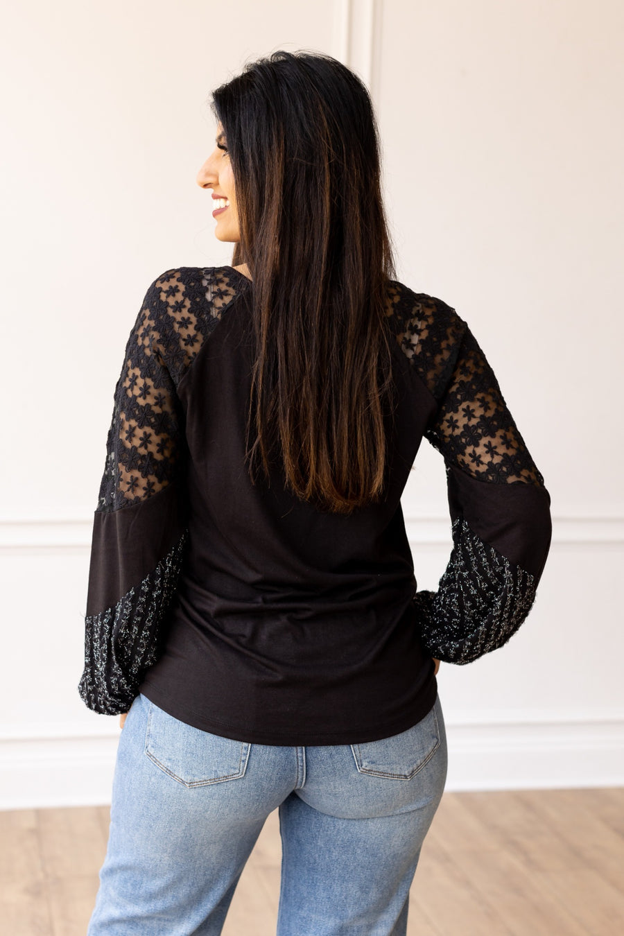 ENCHANTED EVENING BLACK AND SILVER LACE PATCH SLEEVE TOP