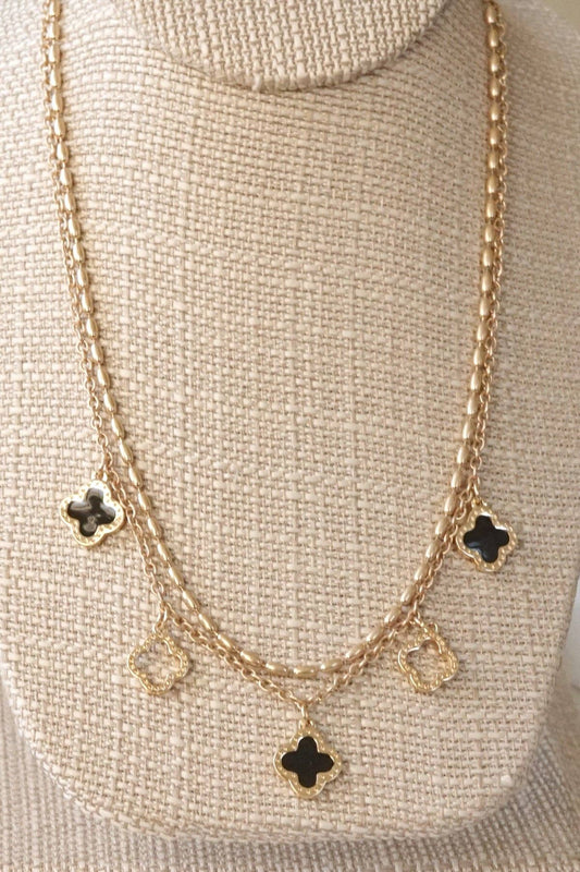 Layered gold tone short Clover necklace pendant Pink White Turquoise Black