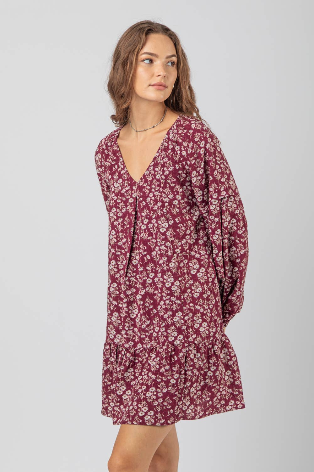 LD44178-Floral Printed Babydoll Mini Dress