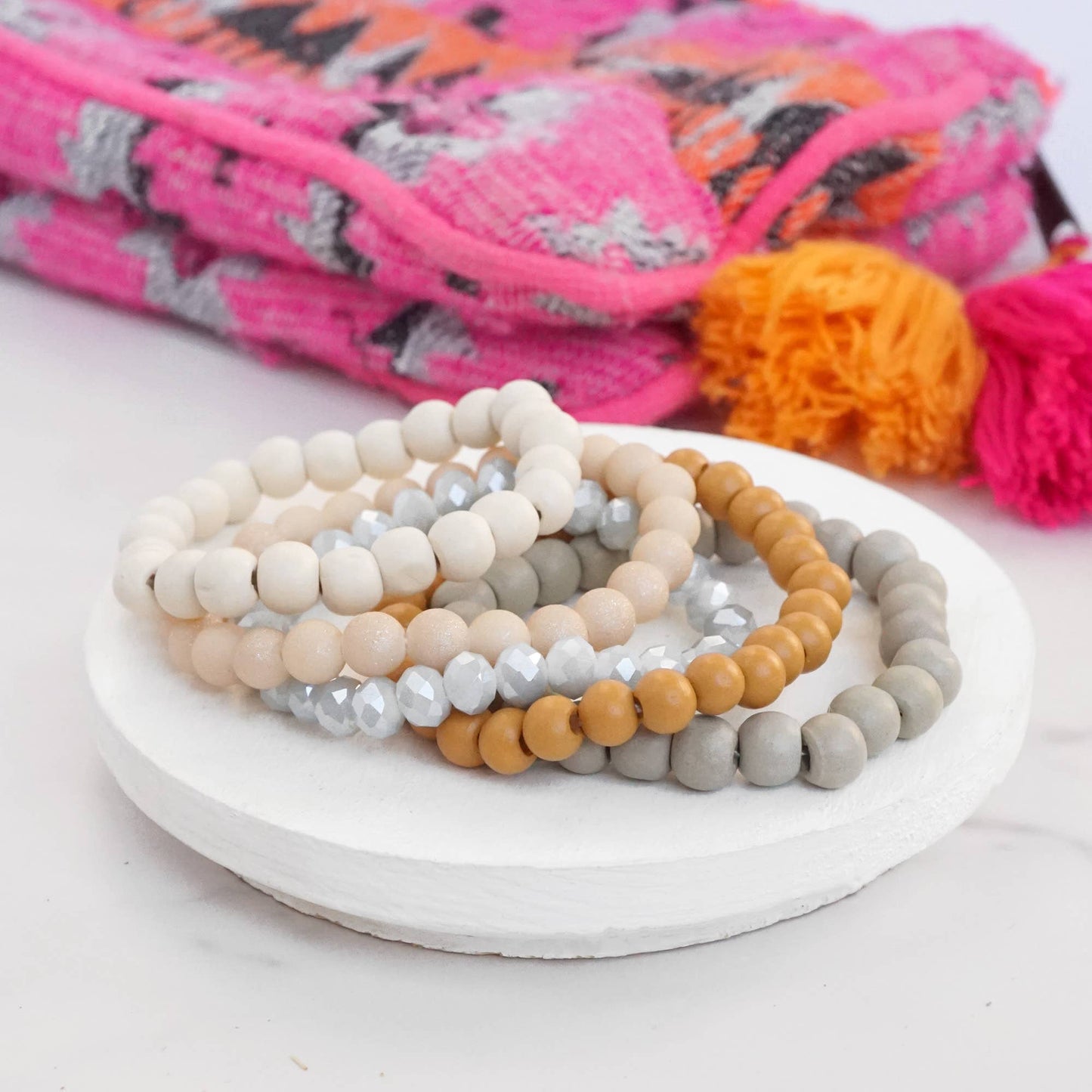 Wood glass basic bracelets stack beaded bracelet set