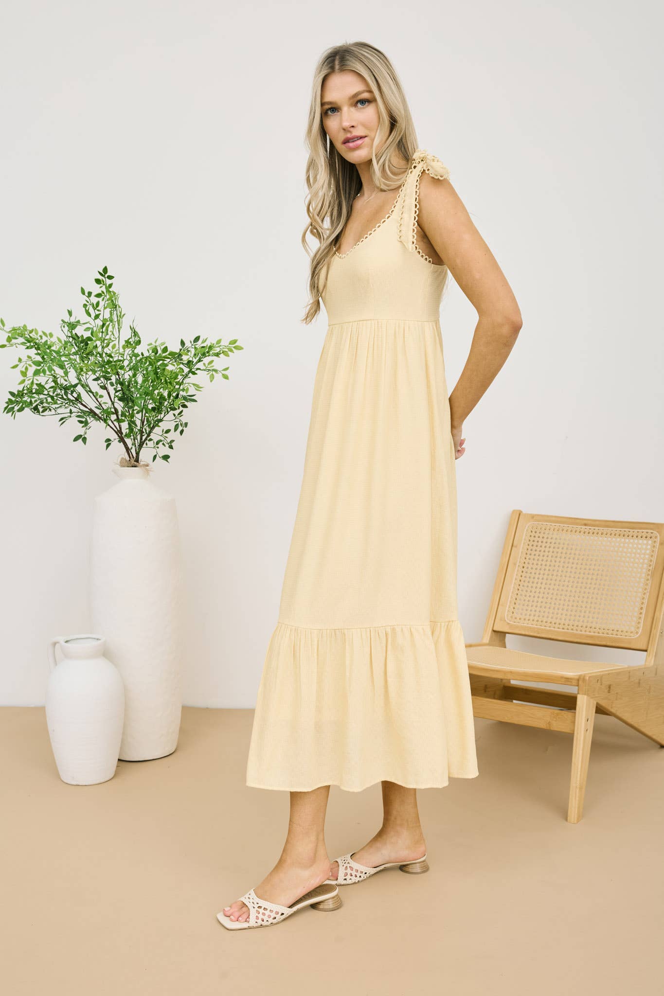SCALLOP EYELET TRIM TIE STRAP MIDI DRESS