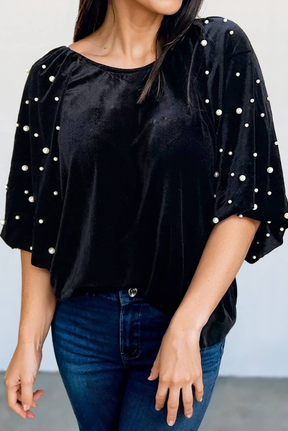 Black Pearl Beaded Puff Sleeve Velvet Top | S-XL